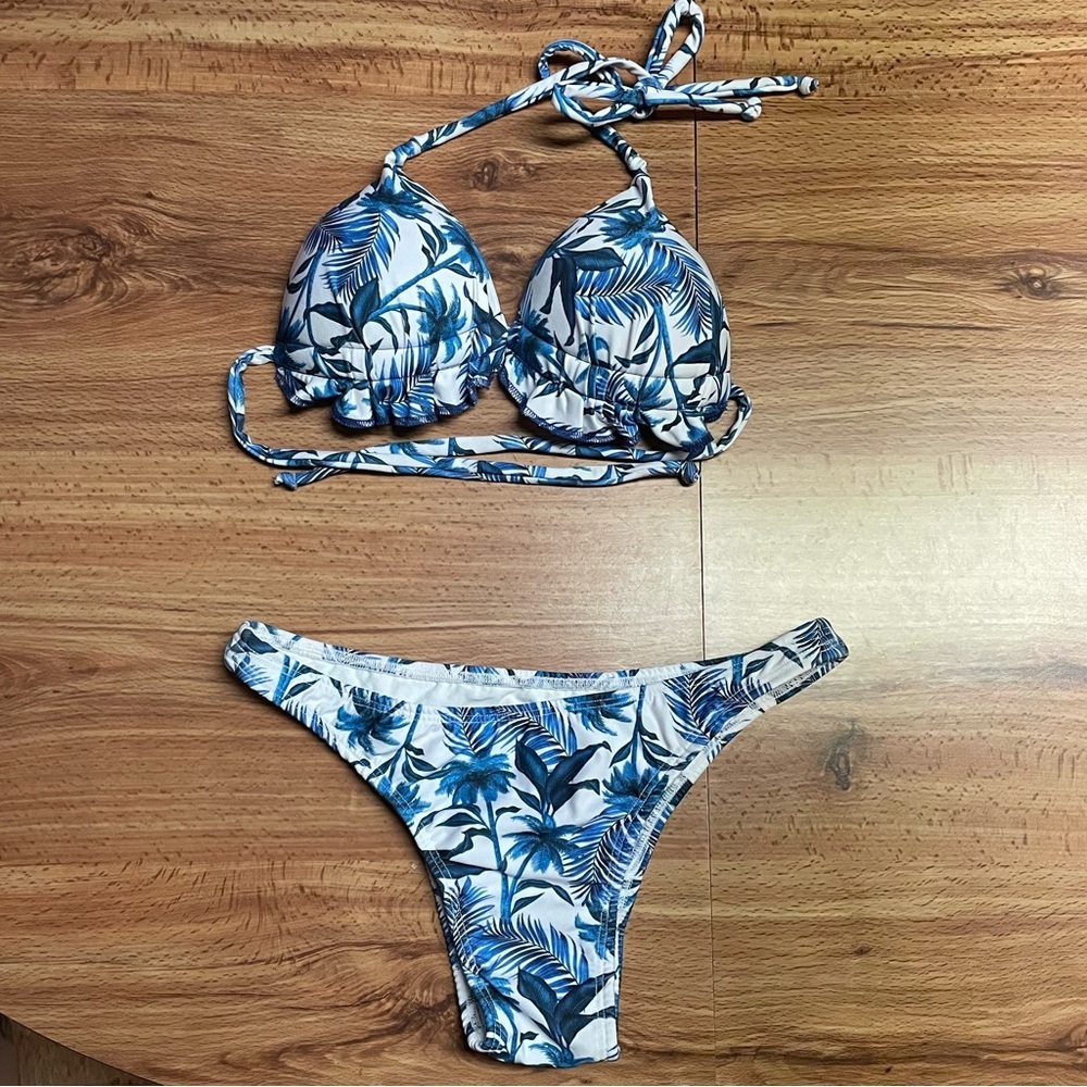 Blue & White Palm Tree Print Brazilian Bikini Set Ruffle Lettuce Trim